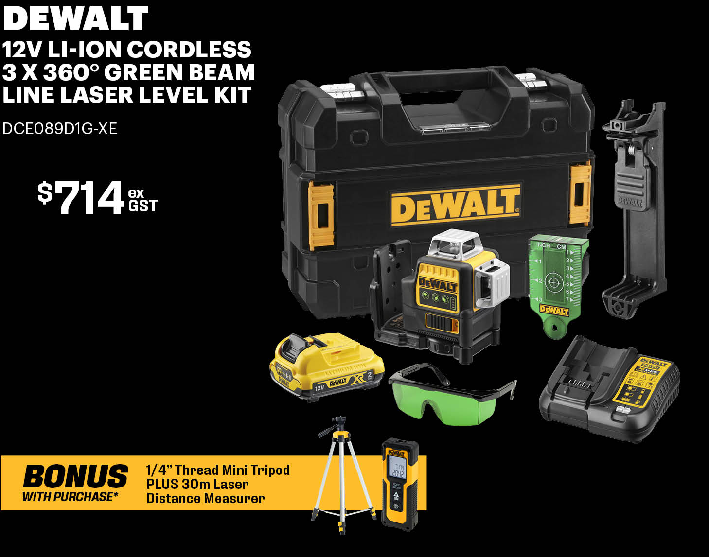 DeWalt 12V Li-Ion Cordless 3 x 360° Green Beam Line Laser Level Kit